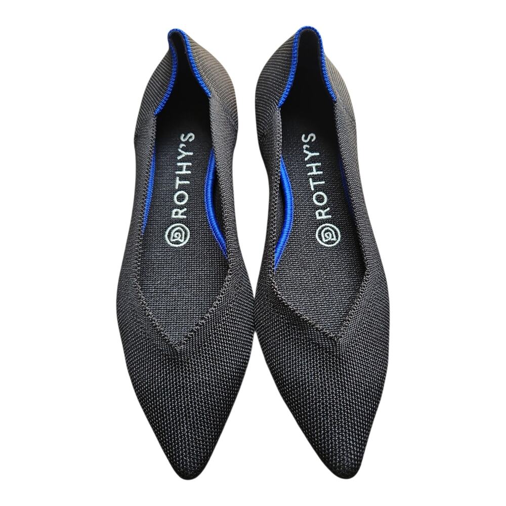 Rothy's Black Pointed Knit Flats with Blue Trim Accent